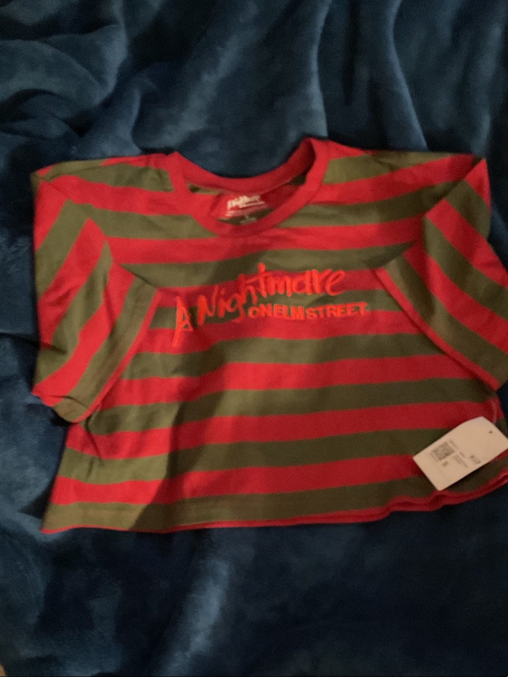 A Nightmare on Elm Street Red & Olive Striped Graphic Crop Tee
